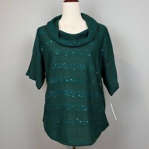 NWT New‎ Directions Green Cowl Neck SS Sequin Metallic Lurex Sweater SZ M